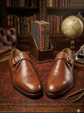 Lazzeri Calzoleria Italian Leather Single Monk Strap Shoes Cognac Patina Size 9
